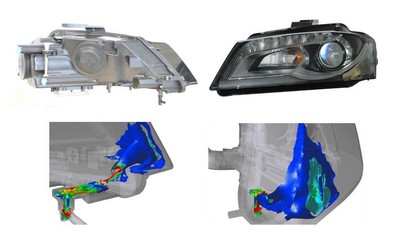 圖7：奧迪 A3 車前燈的 FloEFD 模擬圖像，展示了為車前燈系統冷卻和散熱提供新鮮空氣的速度等值面